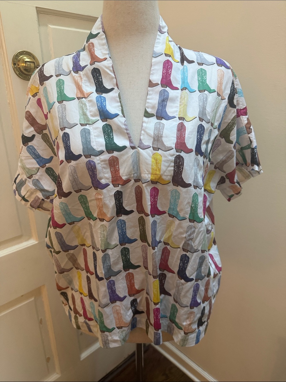 White V-Neck Top with Colorful Cowboy Boot Print size L/XL